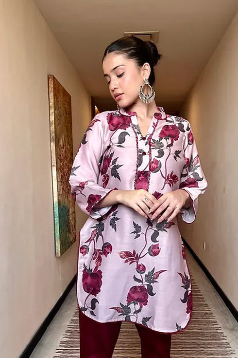 Saira Red And Rosegold Floral Pakistani Kurta Set